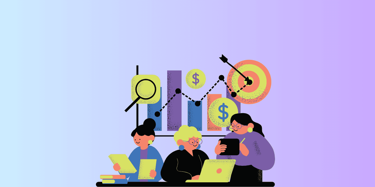 Illustration of three people collaborating on laptops and tablets, surrounded by business charts and financial icons representing growth strategies. The visuals highlight teamwork and data-driven decision-making, emphasizing the importance of planning for e-commerce success. This image is featured in Krepling's comprehensive guide for holiday e-commerce strategies.