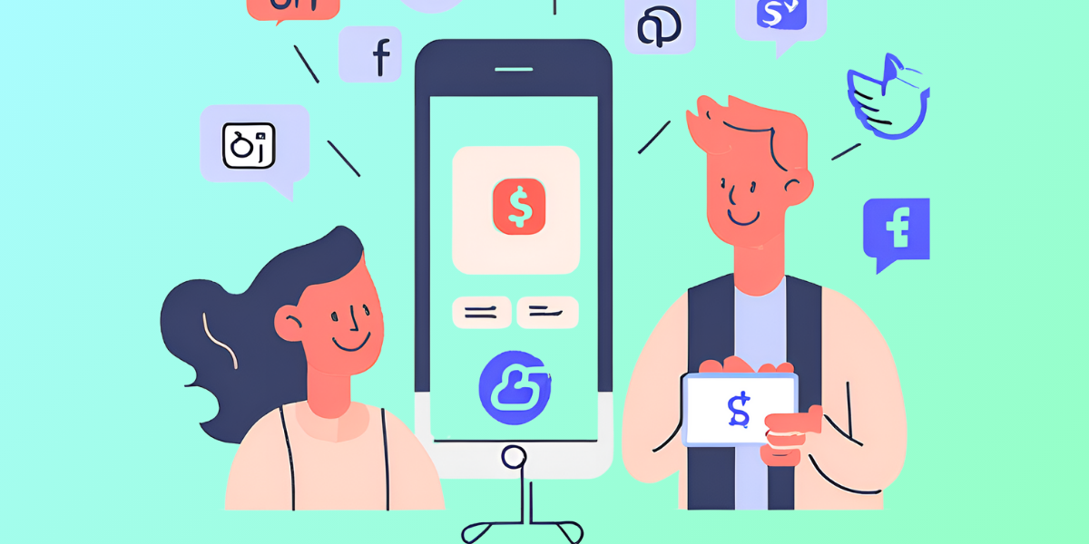 Illustration of two people with a smartphone between them, surrounded by icons of various social media platforms, representing e-commerce through social media channels.